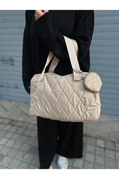 PurpleART Women's Cream Quilted Embroidery Patterned Water Repellent Micro Fabric Hand and Shoulder Bag 30X40Cm