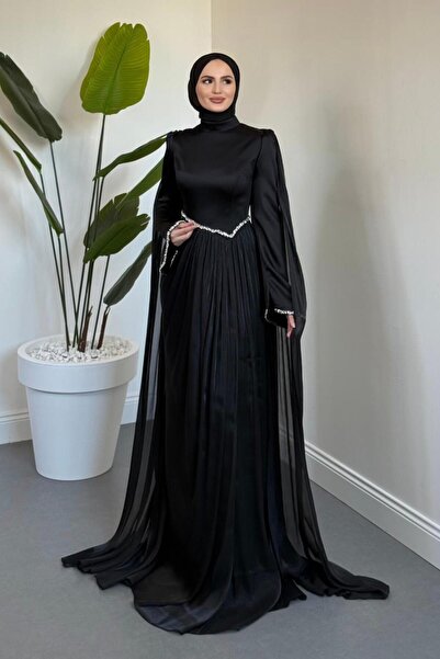 MERVEN AKYÜZ Nuvell Beli Ve Kol Ucu Taşlı Abiye Siyah