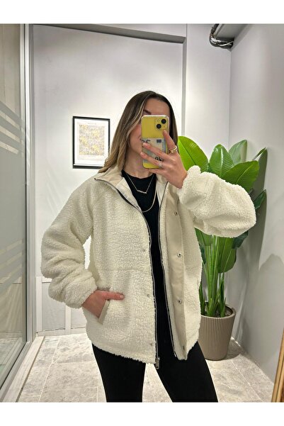 QBZ Stand-Up Collar Plush Coat with Snap Buttons on the Front