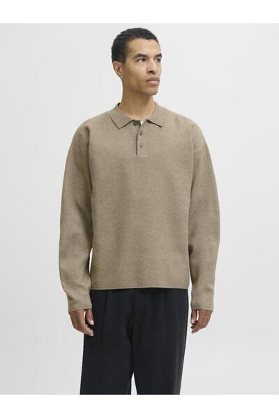 Jack & Jones Men's Beige Jprblabradfort Knit Polo Sweater & Cardigan 12285374-Brindle