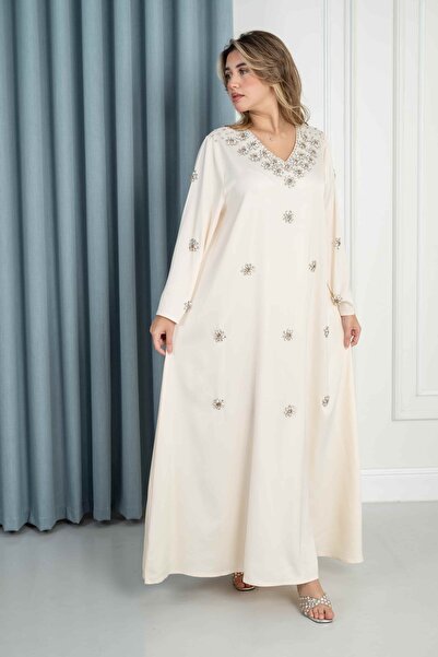 Nice Model Elegant Ivory Satin Maxi Dress with Crystal Embellished Floral V-Neck Long Sleeve Kaftan Abaya