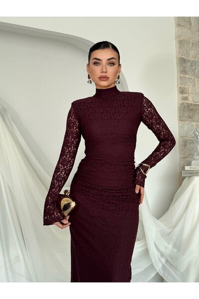 Julidress Plum Shoulder Pad Pack Mock Neck Lined Maxi Long Length Premium Lace Dress