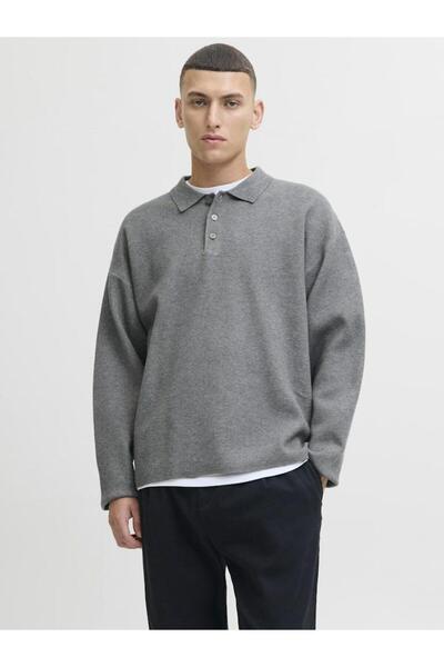 Jack & Jones Men's Gray Jprblabradfort Knit Polo Sweater & Cardigan 12285374-Medium Gray