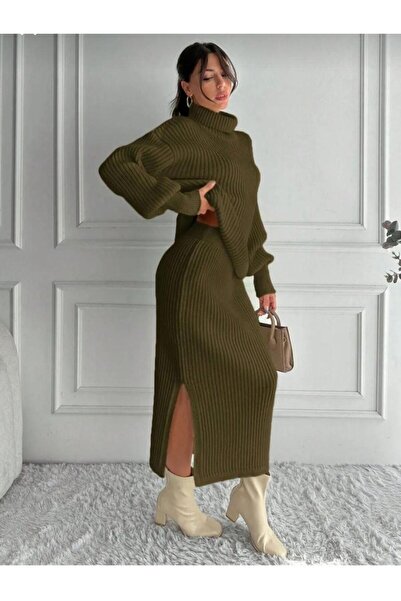 Cockatoo Women's Knitwear Set Turtleneck Sweater + Slit Skirts / Winter Knit Two-Piece Set