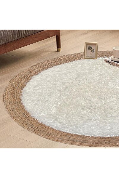 genric OneDcor Round Jute & White Plush Area Rug (120 cm) - Handwoven Natural Fiber, Boho Farmhouse