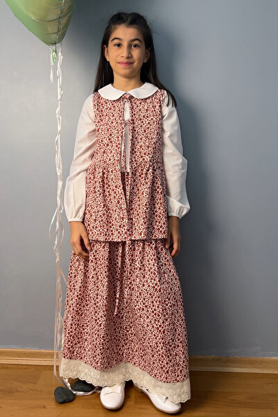 Masnu Çocuk Girl's Pink Brown Cotton Floral Long Skirt Vest Hijab Set