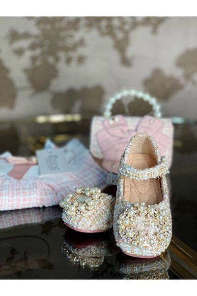 kiddos.ro Pink tweed shoes with pearls for girls, Grace pink
