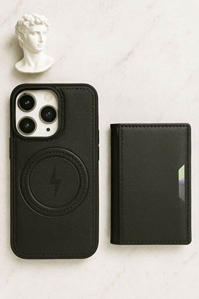 madamcase محفظة وحافظة آيفون 13 من الجلد باللون الأسود مع حامل بطاقات وميزة م...