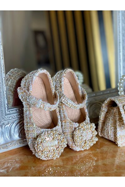 kiddos.ro Pink tweed shoes with pearls for girls, Grace pink