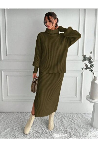 Cockatoo Women's Knitwear Set Turtleneck Sweater + Slit Skirts / Winter Knit Two-Piece Set