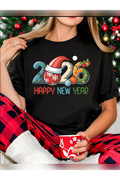 TİMİSİVA Unisex Oversize 2026YILBAŞI2 Baskılı Bisiklet Yaka Kısa Kollu SİYAH T-shirt