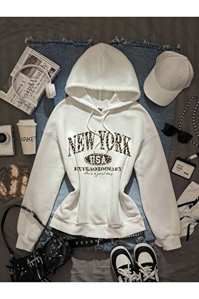 ibibik moda Leopard New York Written Hooded Sweatshirt