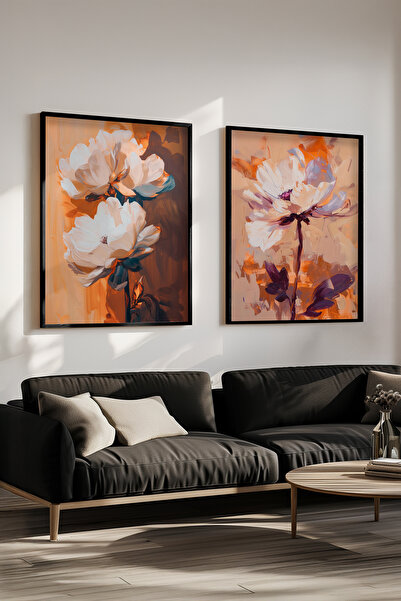 STARYUNA Set of 2 Paintings with Oil Painting Effect Black Wooden Framed Abstract Floral Yuna439