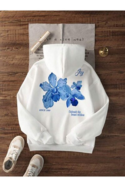 ibibik moda Blue Floral Patterned'Joy' Printed Hoodie