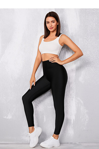 YUNAYT Women's Black Shiny Leggings Pro High Waist Tummy Control Leggings