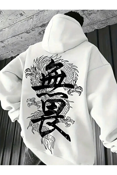 ibibik moda Φούτερ Black Dragon & Kanji oversized με κουκούλα