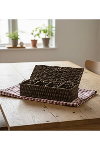 Tutku 4 Bölmeli Kapaklı Rattan Hasır Organizer-Kutu
