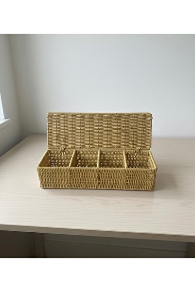 Tutku 4 Bölmeli Kapaklı Rattan Hasır Organizer-Kutu