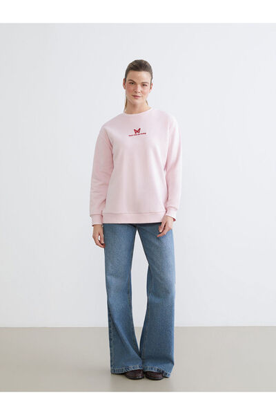 LC Waikiki Pink Embroidered Oversized Women's Thick Sweatshirt