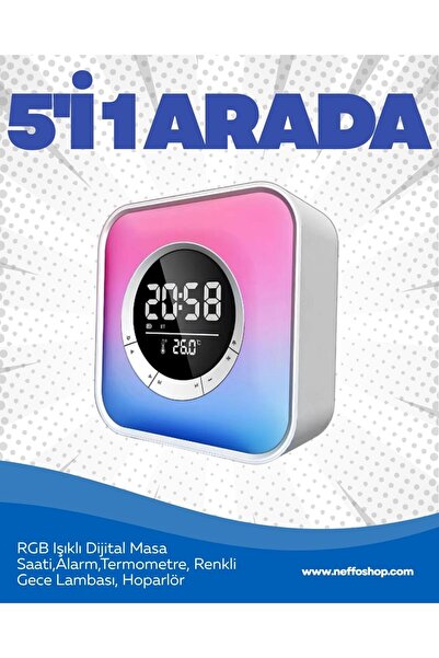 NEFFO RGB Işıklı Kare Dijital Saat | Bluetooth Hoparlör + Alarm + Termometre ...