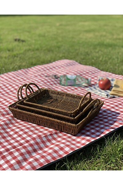 Tutku 3'Lü Hasır Rattan Sepet-Tepsi Set