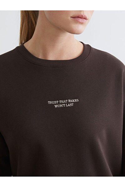 LC Waikiki Brown Embroidered Oversize Women's Thick Sweatshirt