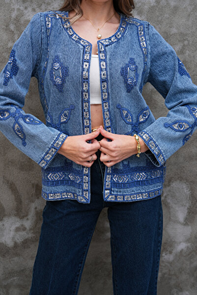 FancyWorld Ethnic Pattern Sequin Embroidered Jeans Denim Vintage Jacket