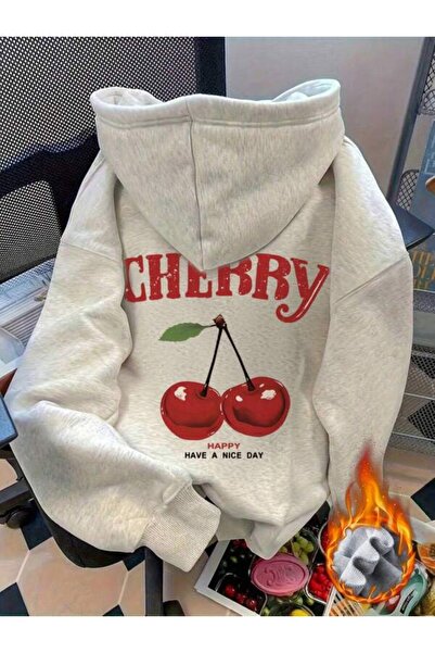 ibibik moda Дамска суитшърт с качулка и принт с череши