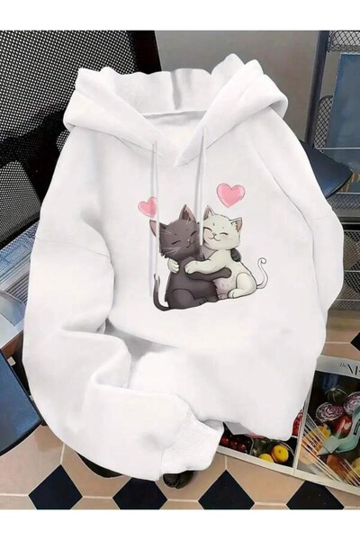 ibibik moda Χαριτωμένο φούτερ με κουκούλα με γάτες που αγκαλιάζουν με τύπωμα