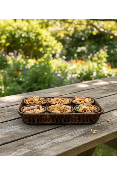 Tutku 7 Parça Rattan Hasır Çerezlik-Tepsili Set