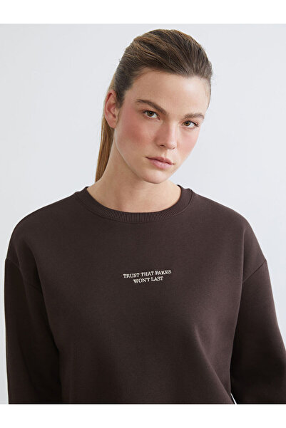 LC Waikiki Brown Embroidered Oversize Women's Thick Sweatshirt