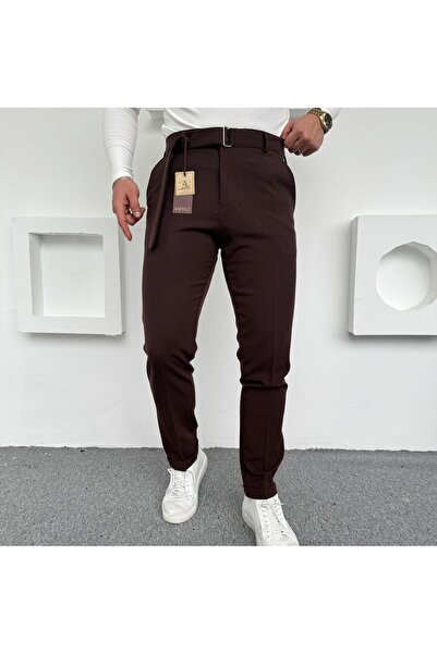 Kendinden Kemerli Premium Kumaş Pantolon Acı Kahve