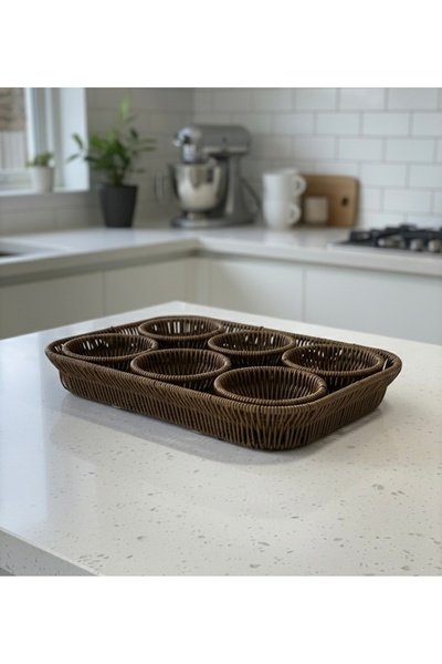 Tutku 7 Parça Rattan Hasır Çerezlik-Tepsili Set