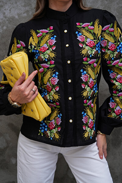 FancyWorld Button and Lace Detailed Fully Embroidered Judge Collar Shirt