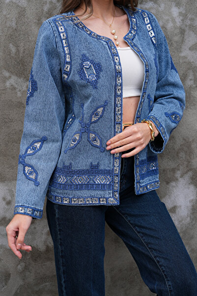 FancyWorld Ethnic Pattern Sequin Embroidered Jeans Denim Vintage Jacket