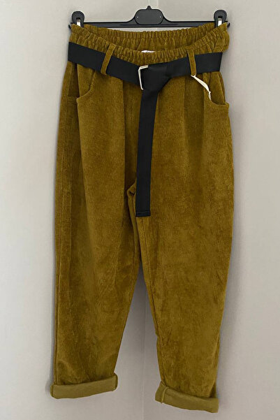 AYASOFYA OTANTIK Women's Italian Oil Green Elastic Waist Pocketed Buckle Belted Casual Velvet Trousers