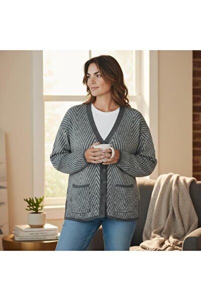 EREN STYLE Patterned Mimosa Knitted Sweater V-Neck Cardigan with Pockets