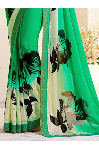MYSMAR Green Georgette Saree Set - FFT1065 | Green
