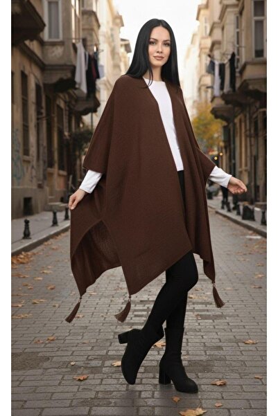 Cockatoo Women's Fringe Detailed Oversized Knitwear Poncho Seasonal Shawl Cardigan (Soft Textured)