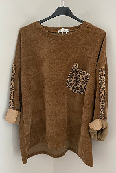 AYASOFYA OTANTIK Women's Italian Cappuccino Leopard Print Detailed Asymmetrical Single Pocket Loose Oversized Velvet Blouse Tunic