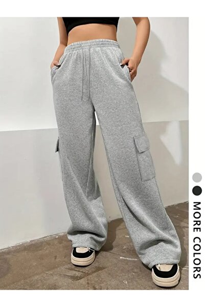 EXPECTED Women's Gray Cargo Pocket Flared Casual 2-Thread Sweatpants Trousers