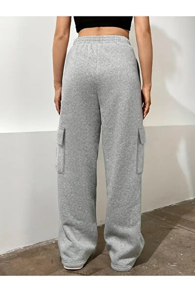 EXPECTED Women's Gray Cargo Pocket Flared Casual 2-Thread Sweatpants Trousers