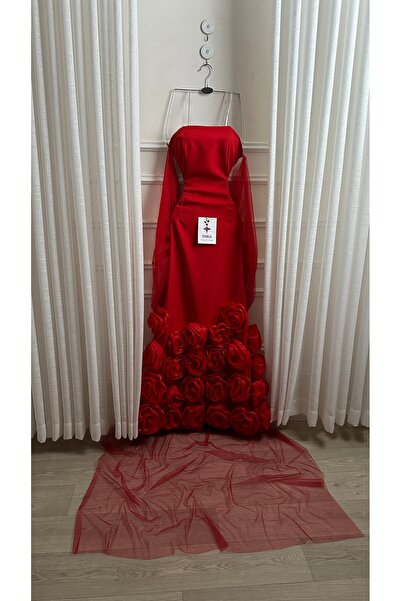 Onila Red dress with roses at the bottom and a long shawl at the back