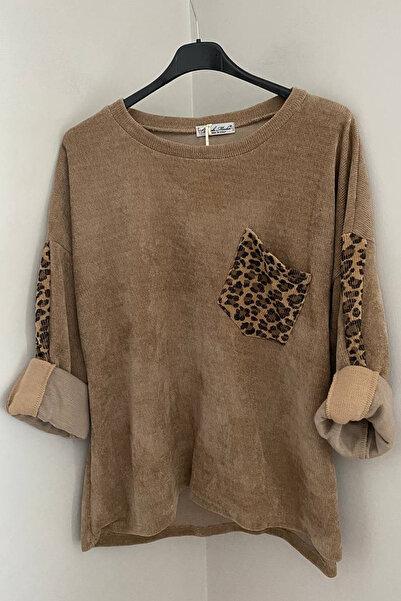 AYASOFYA OTANTIK Women's Italian Beige Leopard Print Detailed Asymmetrical Single Pocket Loose Oversized Long Sleeve Velvet Blouse