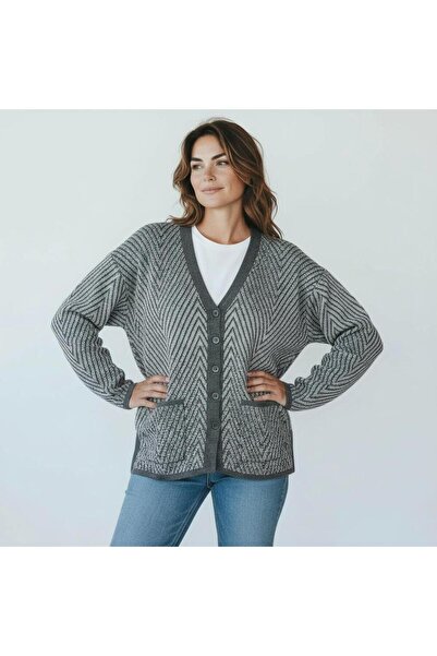 EREN STYLE Patterned Mimosa Knitted Sweater V-Neck Cardigan with Pockets