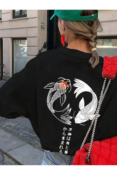 Printiva Unisex Oversize T-Shirt με στάμπα KOİ FISH, βαμβακερό, με κοντό μανί...