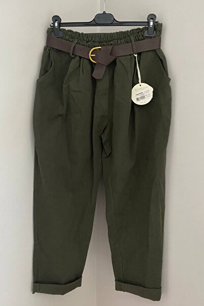 AYASOFYA OTANTIK Women's Italian Gray Plain Pattern Elastic Waist Pocket Buckle Belted Loose Gabardine Trousers