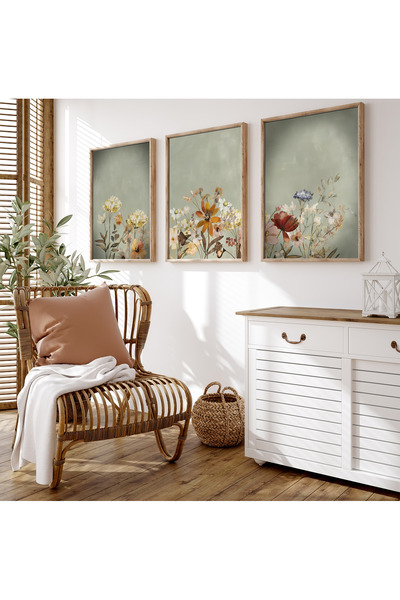 alphobitasarım Özgürce Açan Kır Çiçekleri ve Huzur Veren Yeşil Tonlarıyla Suluboya Görünümlü - Üçlü Tablo Seti