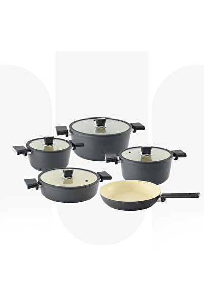ozo 9 Pcs Granitec Cookware Set With Lid Oyester Carbon Black Made In Turkiye | 3933
