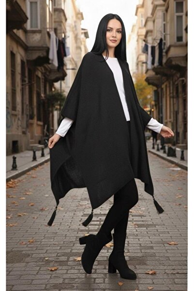 Cockatoo Women's Fringe Detailed Oversized Knitwear Poncho Seasonal Shawl Cardigan (Soft Textured)